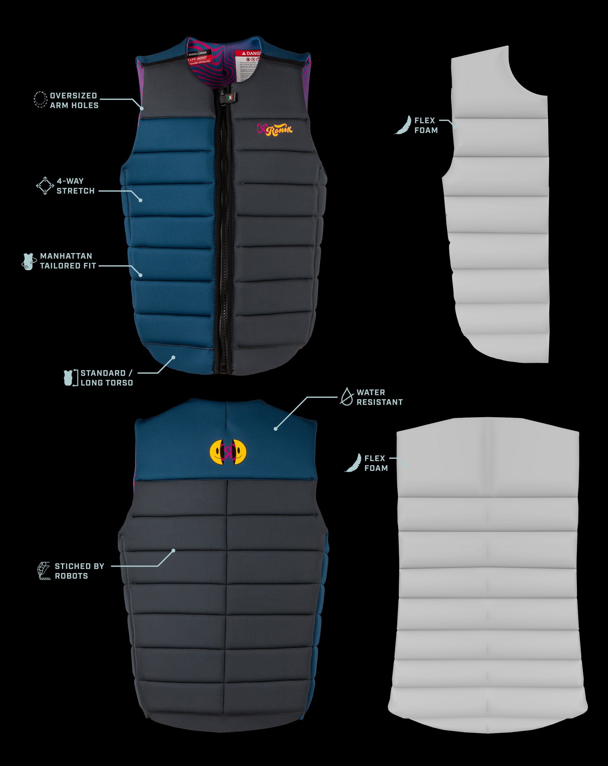 Ronix Purple Haze impact vest — men’s CE‑approved, purple/blue/grey Chart