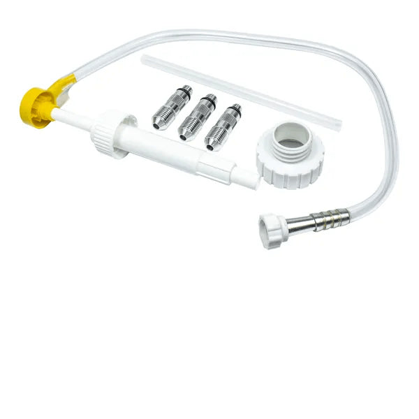 Sierra 18-9779 universal marine gear lube pump with transparent hose and metric adapters for quart bottles.