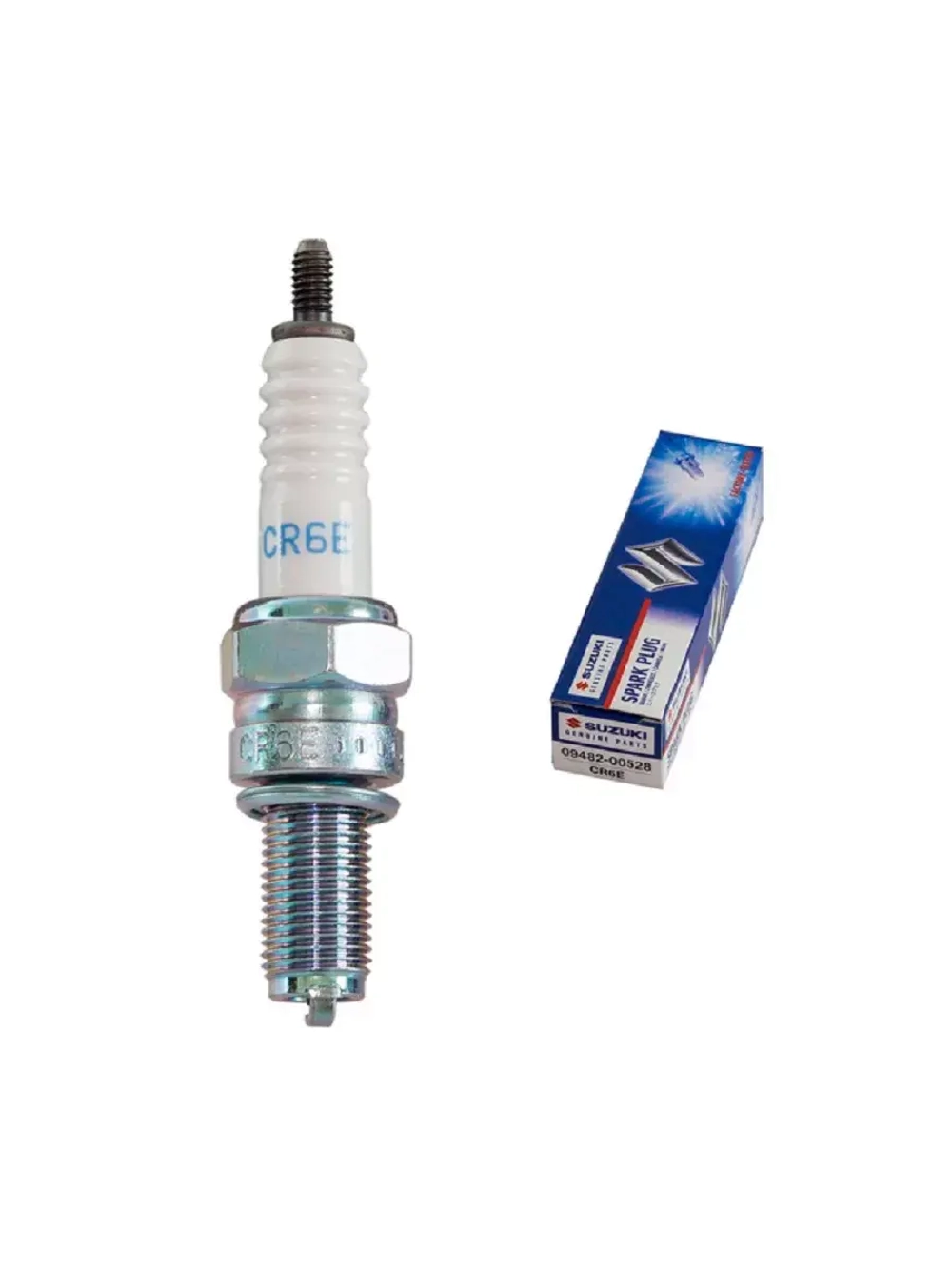 A Suzuki spark plug alongside its packaging, indicating model 09482-00528 CR6E.