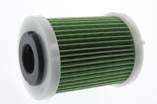 This is an image of a Suzuki Low Pressure Fuel Filter, primarily green in color with white ends.