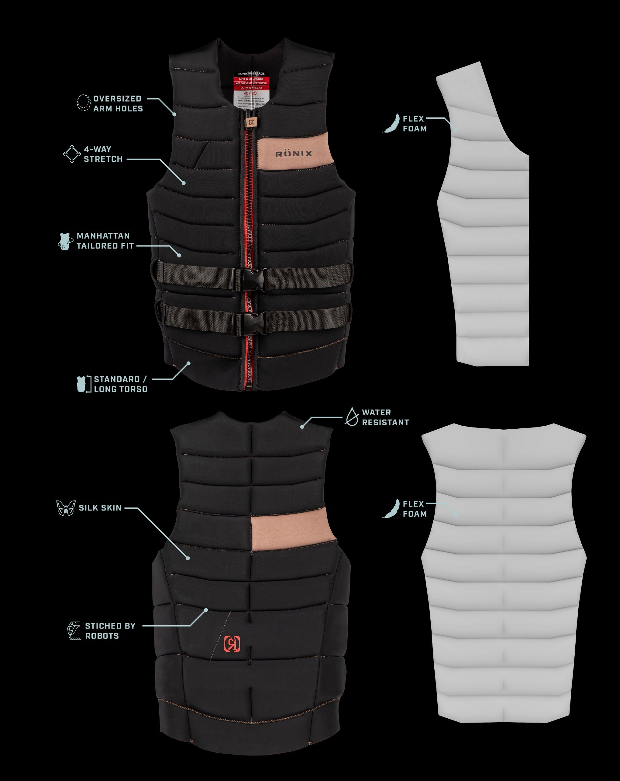 Ronix - Mens Vader - CE Approved Impact Vest - Black/Mocha