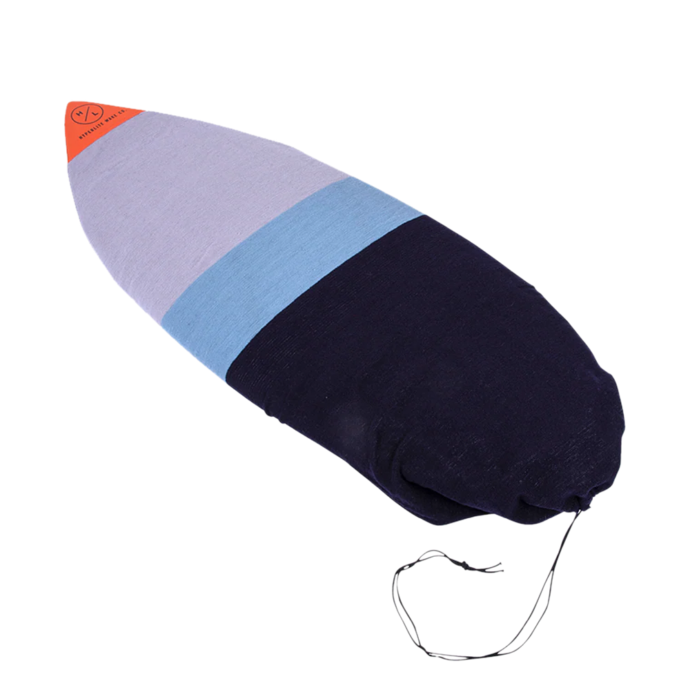 Hyperlite Surf Sock wakesurf board cover with plush terrycloth fabric, reinforced nylon nose, drawstring closure, and fin accessory pouch