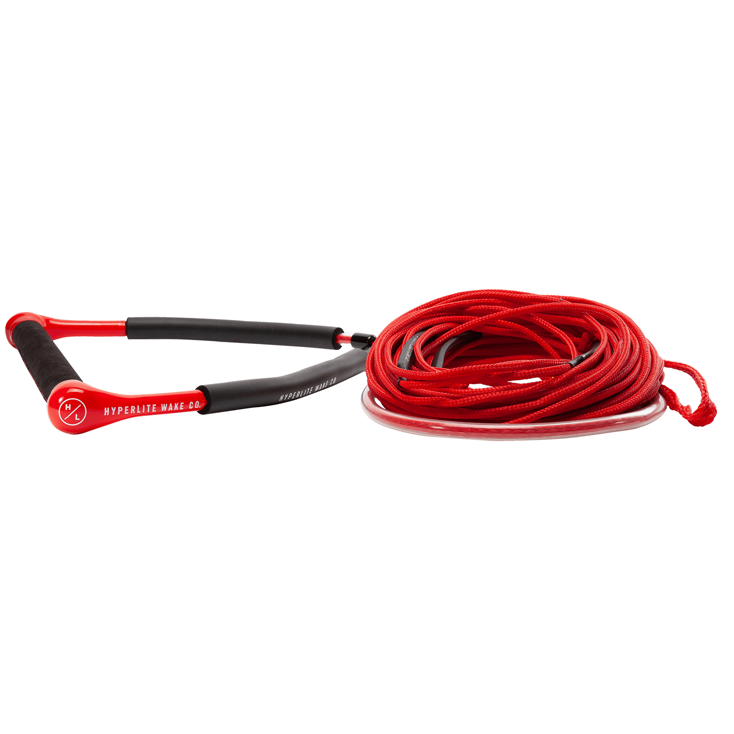 Hyperlite CG wakeboard handle with Fuse Line in red, chamois grip, lightweight end caps, 75-foot rope