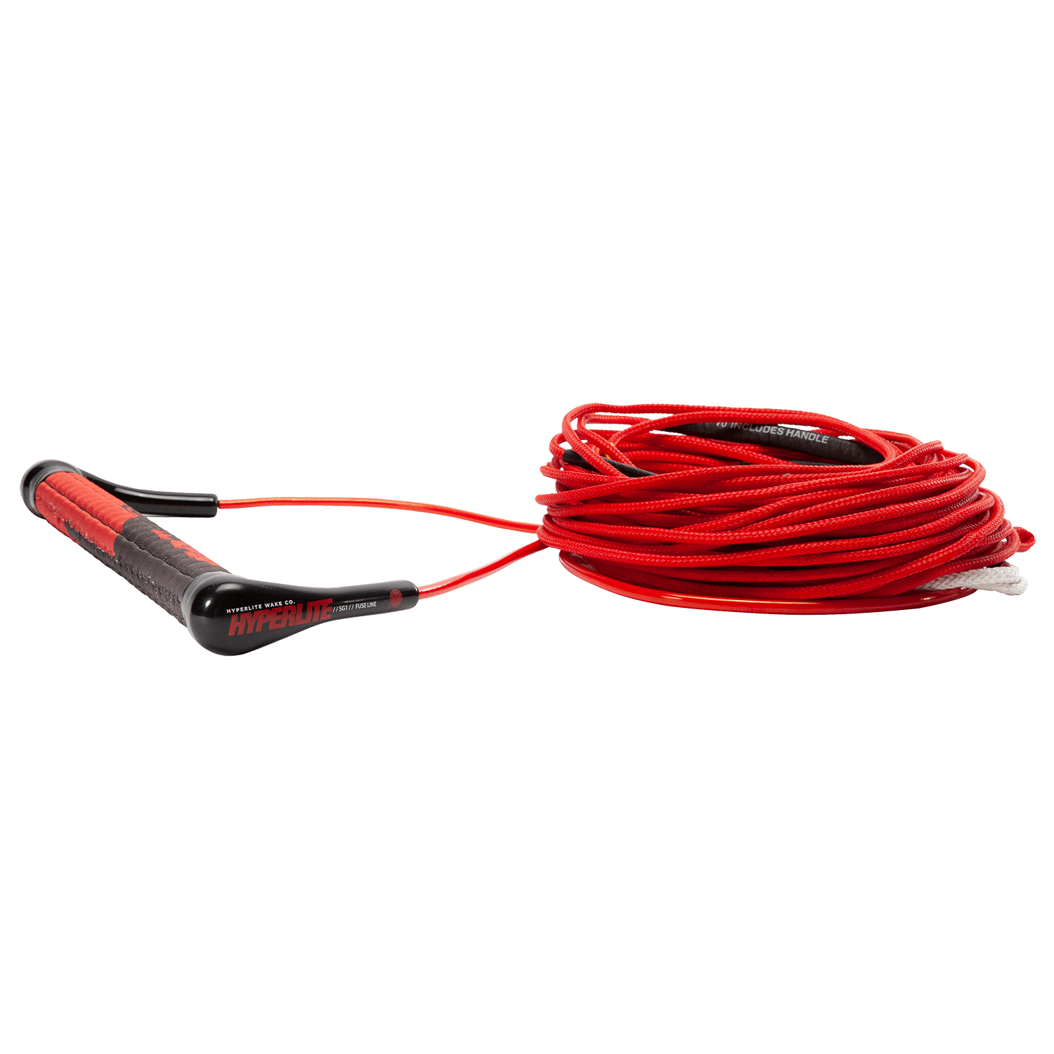 Hyperlite SG wakeboard handle with Fuse Line in red, silicone grip, lightweight end caps, 75-foot rope