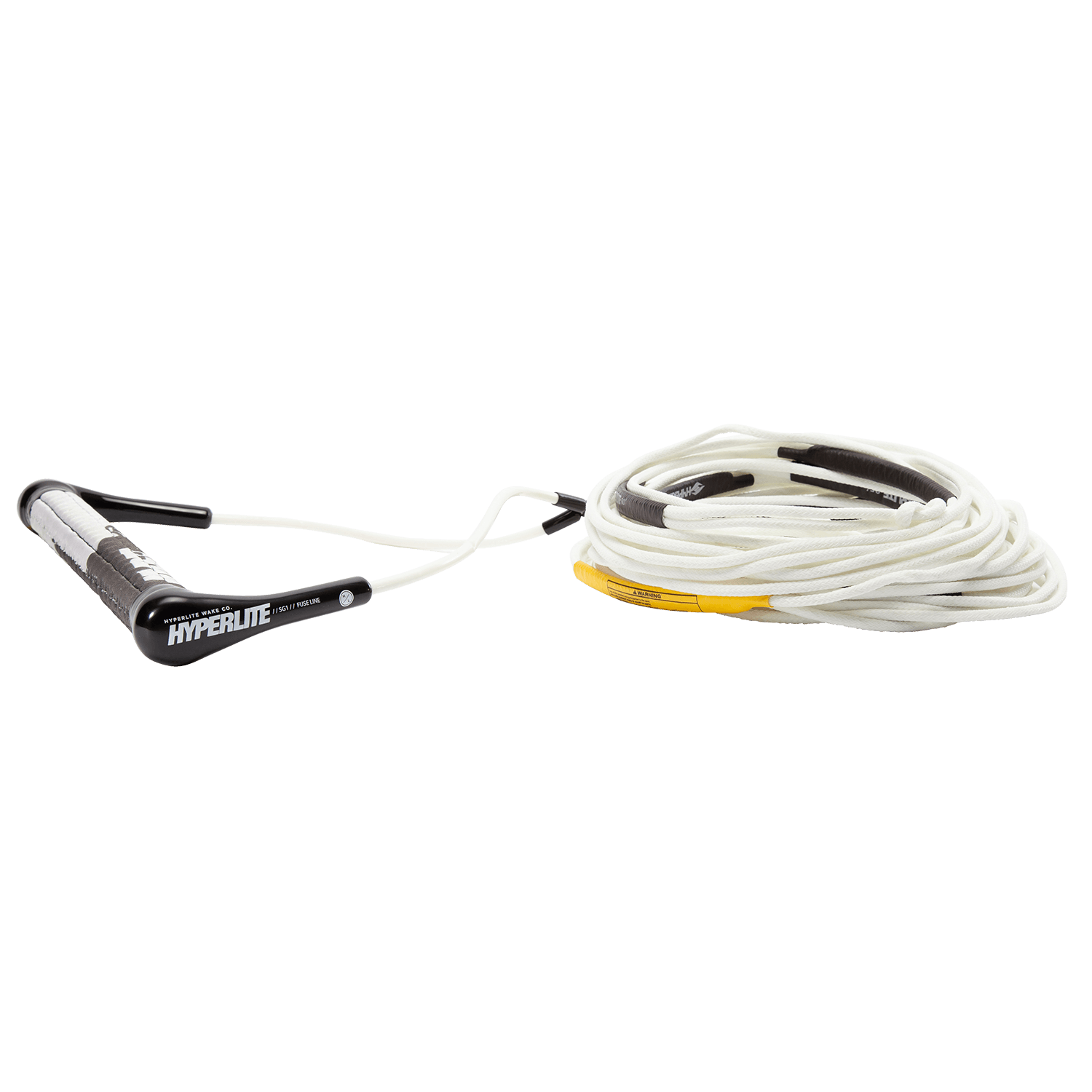 Hyperlite SG wakeboard handle with Fuse Line in white, silicone grip, lightweight end caps, 75-foot rope