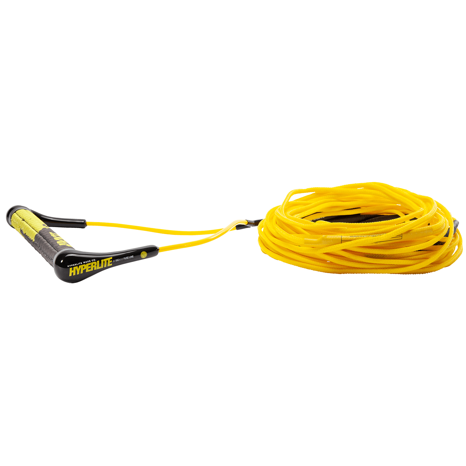 Hyperlite SG wakeboard handle with Fuse Line in yellow, silicone grip, lightweight end caps, 75-foot rope