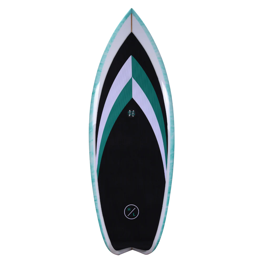 Hyperlite 4.8 Frother 2.0 Wakesurf Board with handmade epoxy construction, EPS wood stringer core, twin fins, swallow tail, and corduroy traction top
