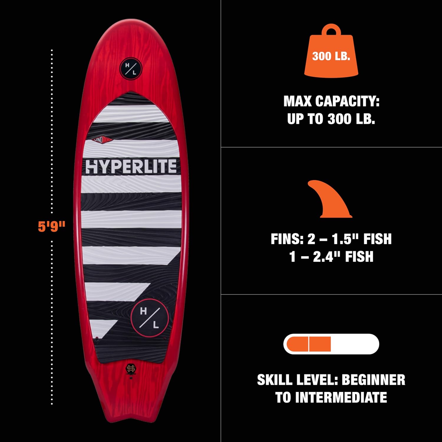 Hyperlite 24377140 5.9 Landlock wakesurf board with EVA traction and tri-fin setup Specs