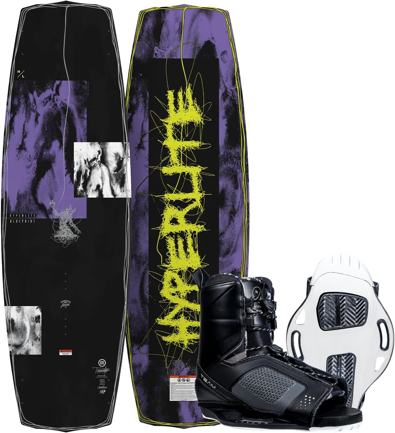 Hyperlite Blueprint wakeboard with Team OT bindings in 138 143 and 147 sizes with adjustable open toe bindings