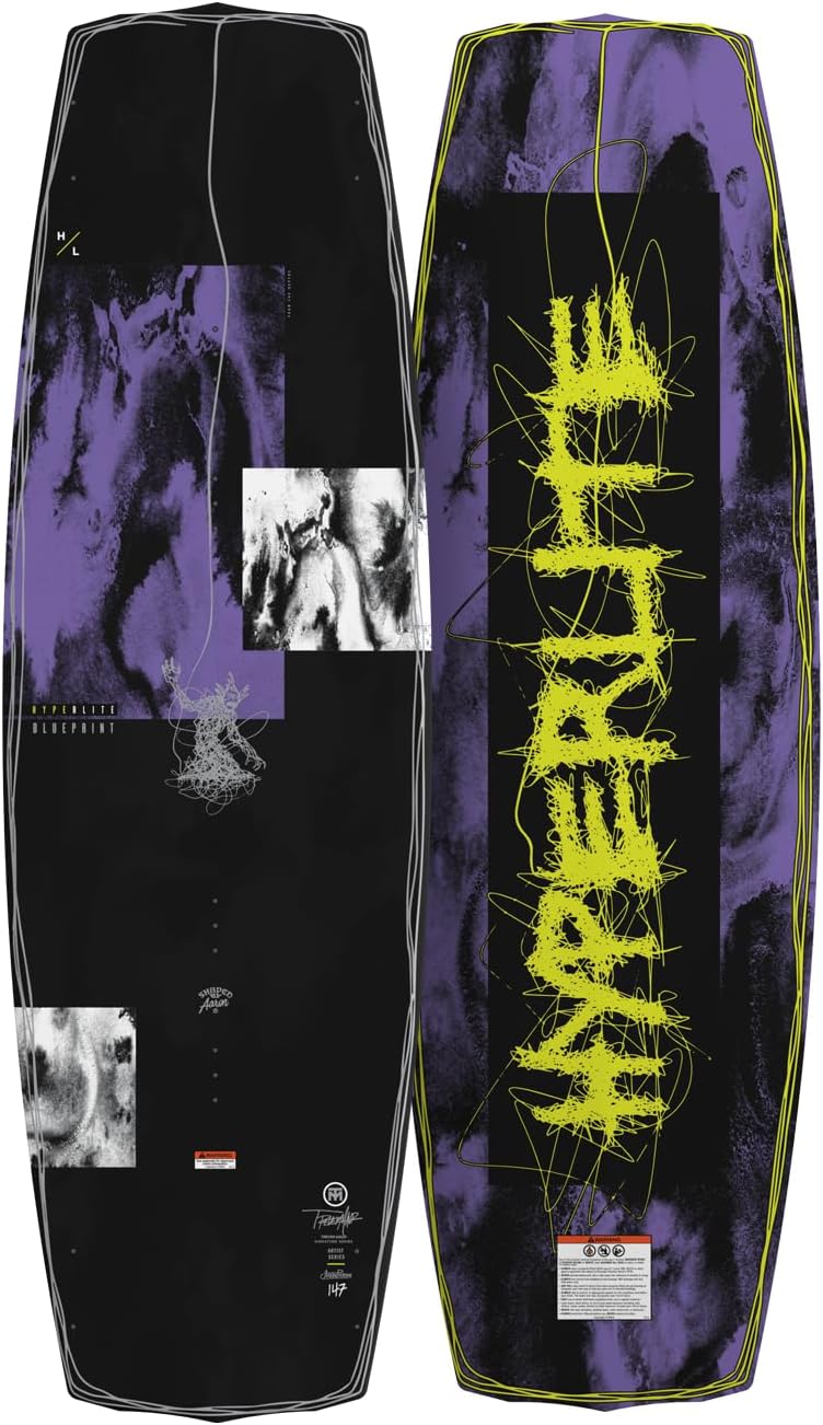 Hyperlite Blueprint wakeboard with Session open toe bindings in multiple board and boot sizes board