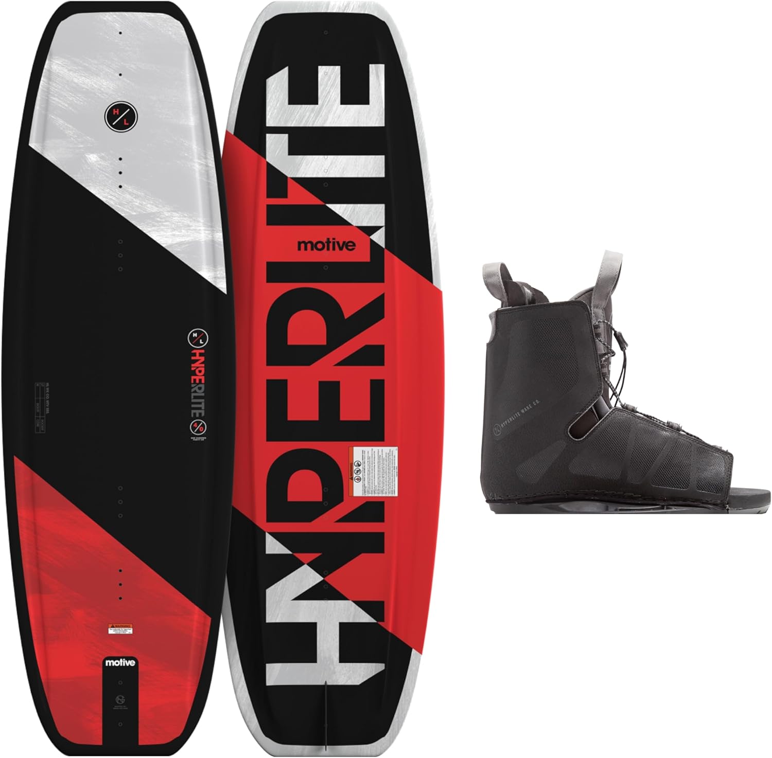 Hyperlite Motive wakeboard with Frequency OSFA bindings featuring continuous rocker and vibrant graphics