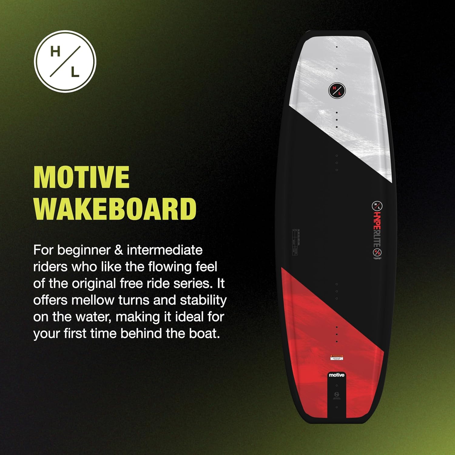 Hyperlite Motive wakeboard with Frequency OSFA bindings featuring continuous rocker and vibrant graphics Board
