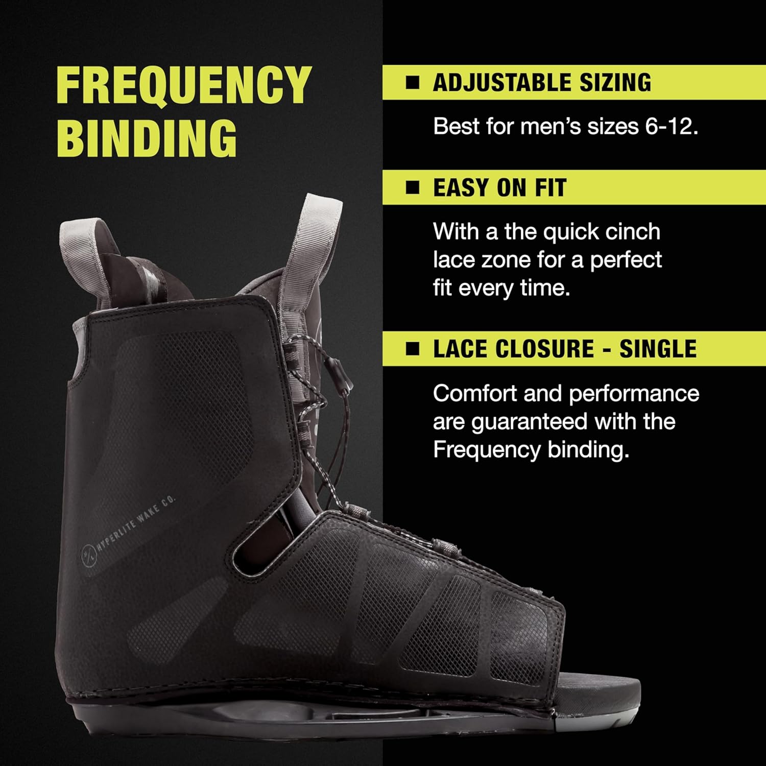 Hyperlite Motive wakeboard with Frequency OSFA bindings featuring continuous rocker and vibrant graphics boots