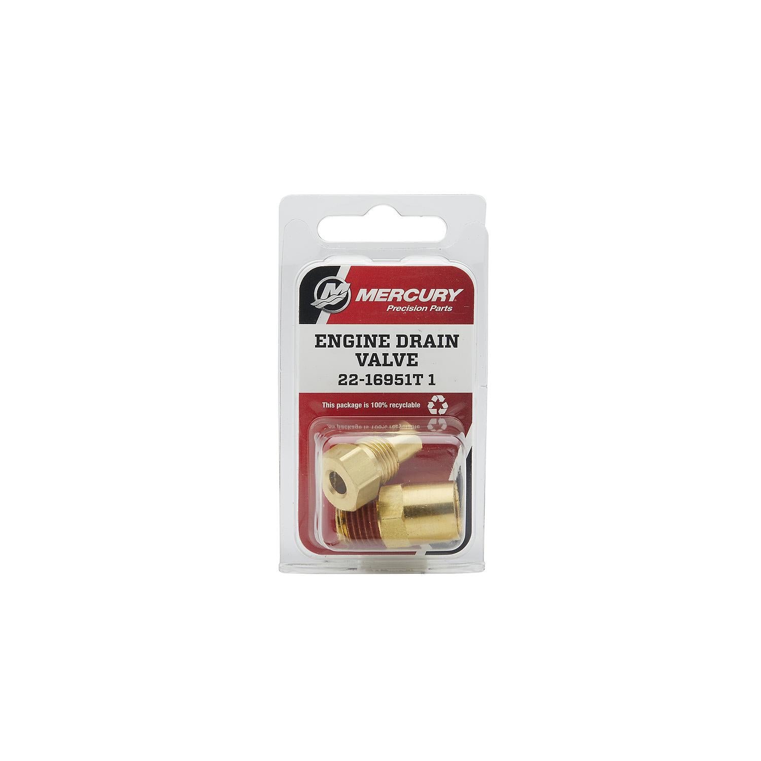 Mercury 16951T1 brass 1/4 inch NPT drain plug for MerCruiser engine blocks and exhaust manifolds box front