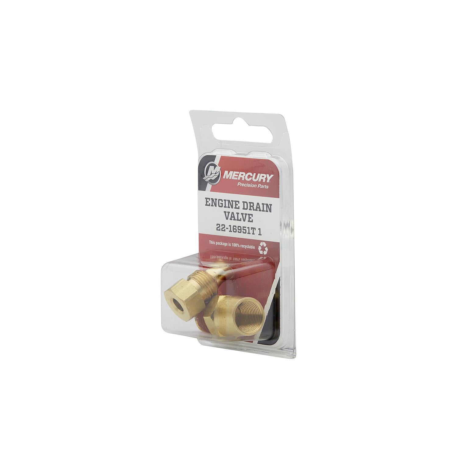 Mercury 16951T1 brass 1/4 inch NPT drain plug for MerCruiser engine blocks and exhaust manifolds box angle