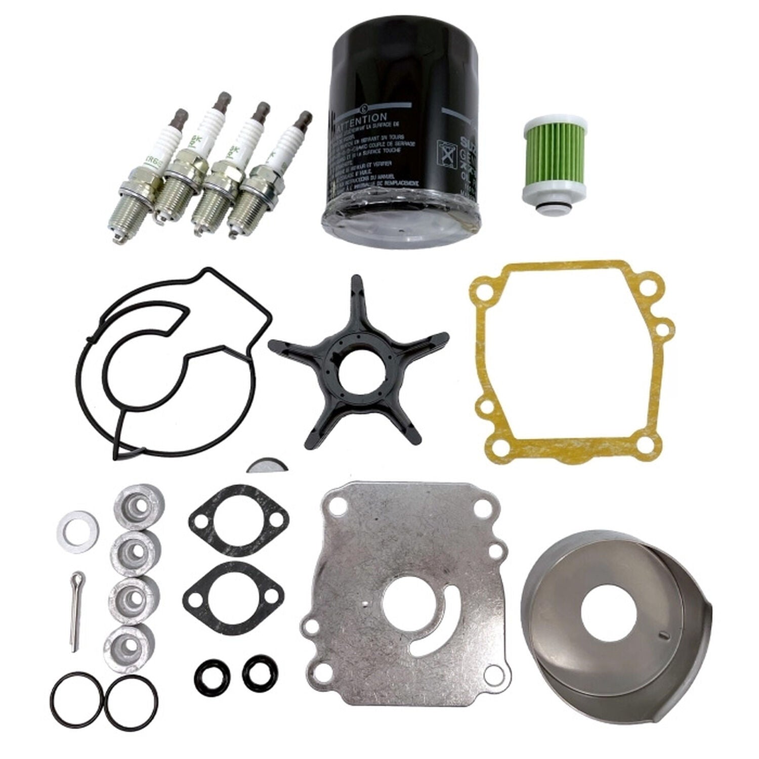 Suzuki 17400-92824 water pump kit, filters, spark plugs, gaskets, O-rings, and anodes