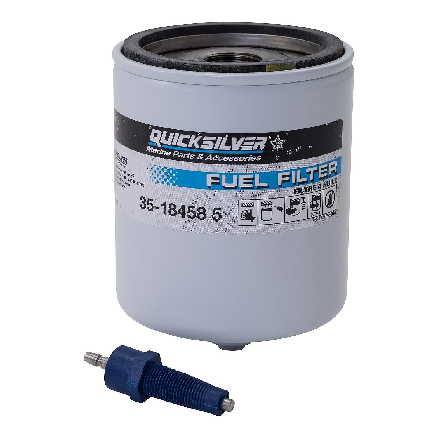 Quicksilver 18458Q4 water‑separating fuel filter with blue sensor — V6 EFI