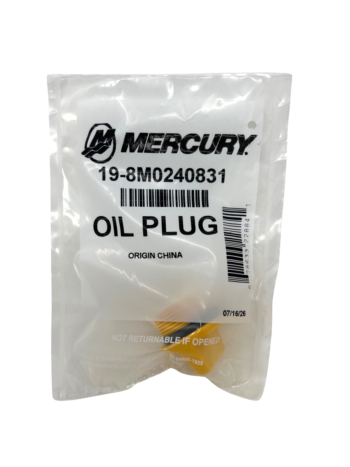 Mercury 8M0240831 Oil Fill Cap Plug Assembly plug in packaging 