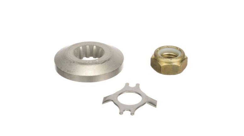 Quicksilver 31990Q02 propeller nut kit for Mercury Mariner and Force rubber hub propeller applications with thrust washer tab washer and prop nut