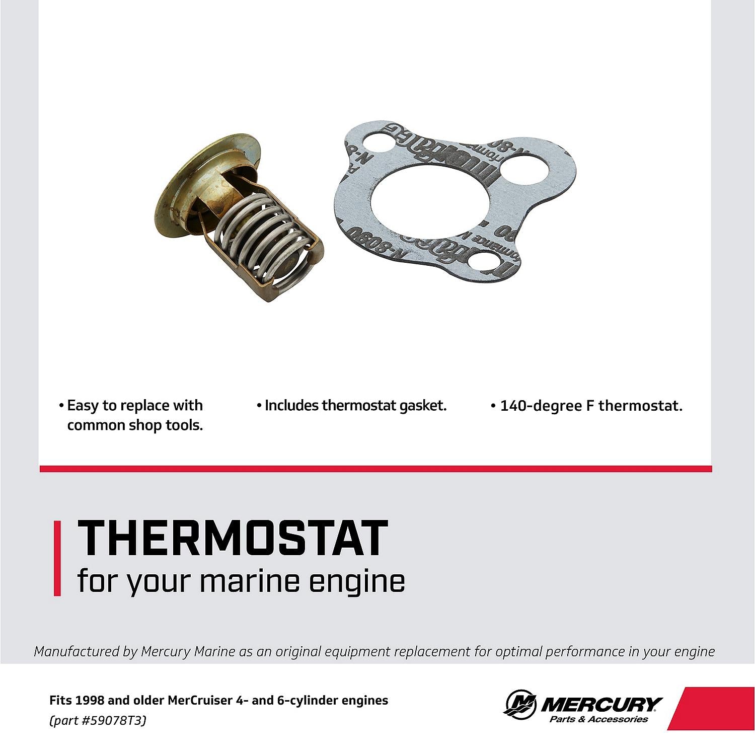 Mercury 59078T3 thermostat kit for older MerCruiser GM inline 4 and 6-cylinder engines with cork gasket Facts