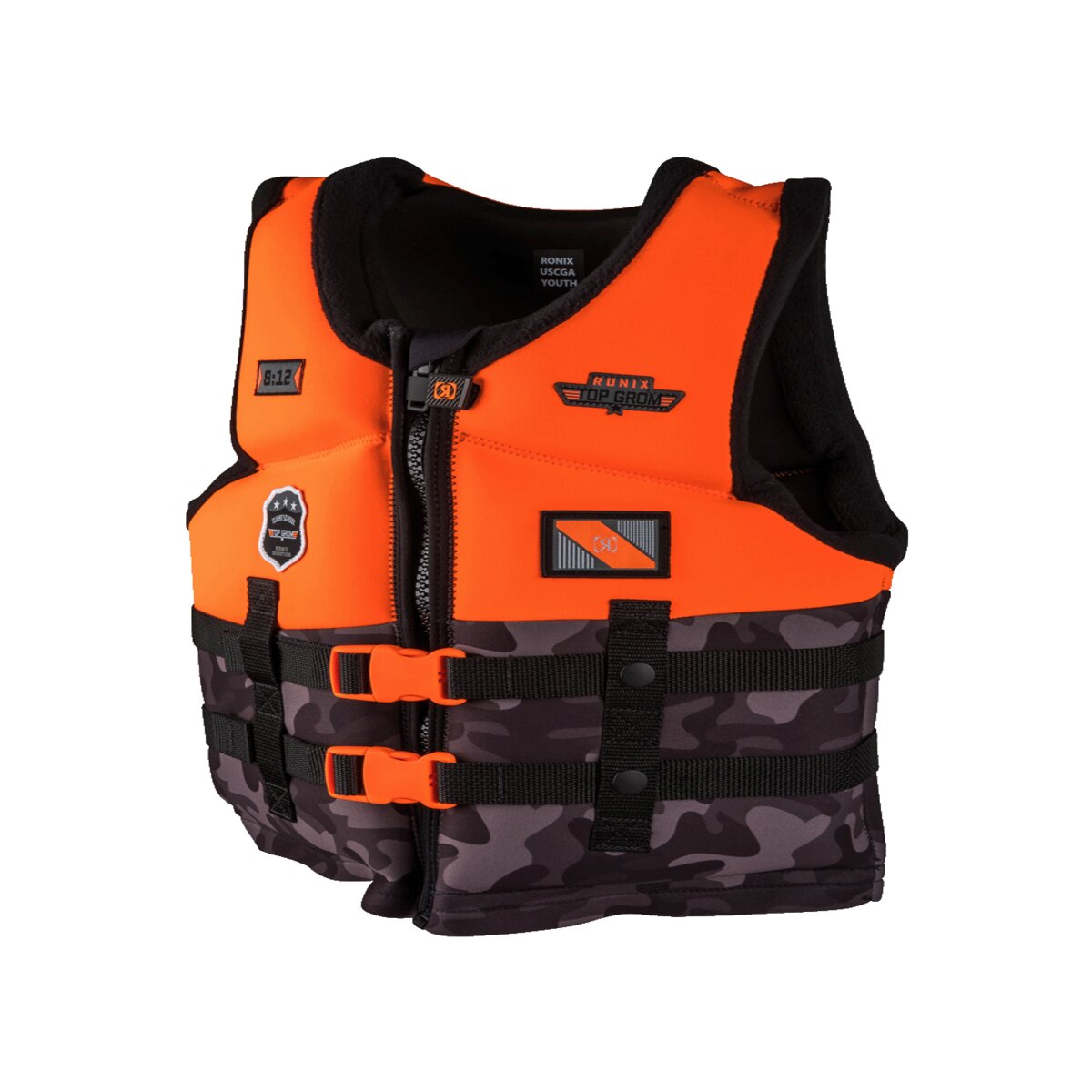 Ronix Top Grom - Boys CGA Life Vest - Orange / Black Camo - Youth (50-90lbs)