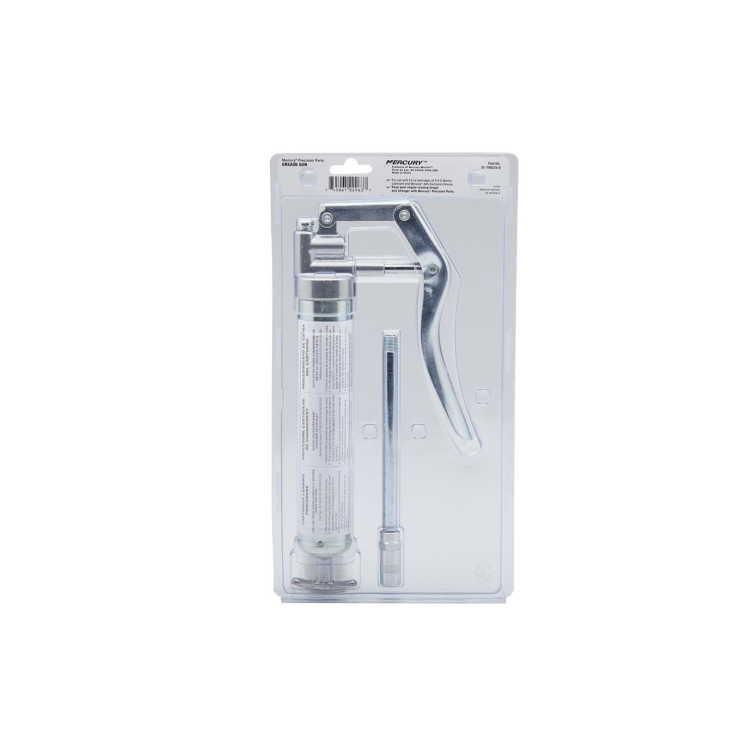Mercury Precision 74057A6 grease gun for 3 oz 85 g cartridges with pistol grip and rigid feed tube Package Back