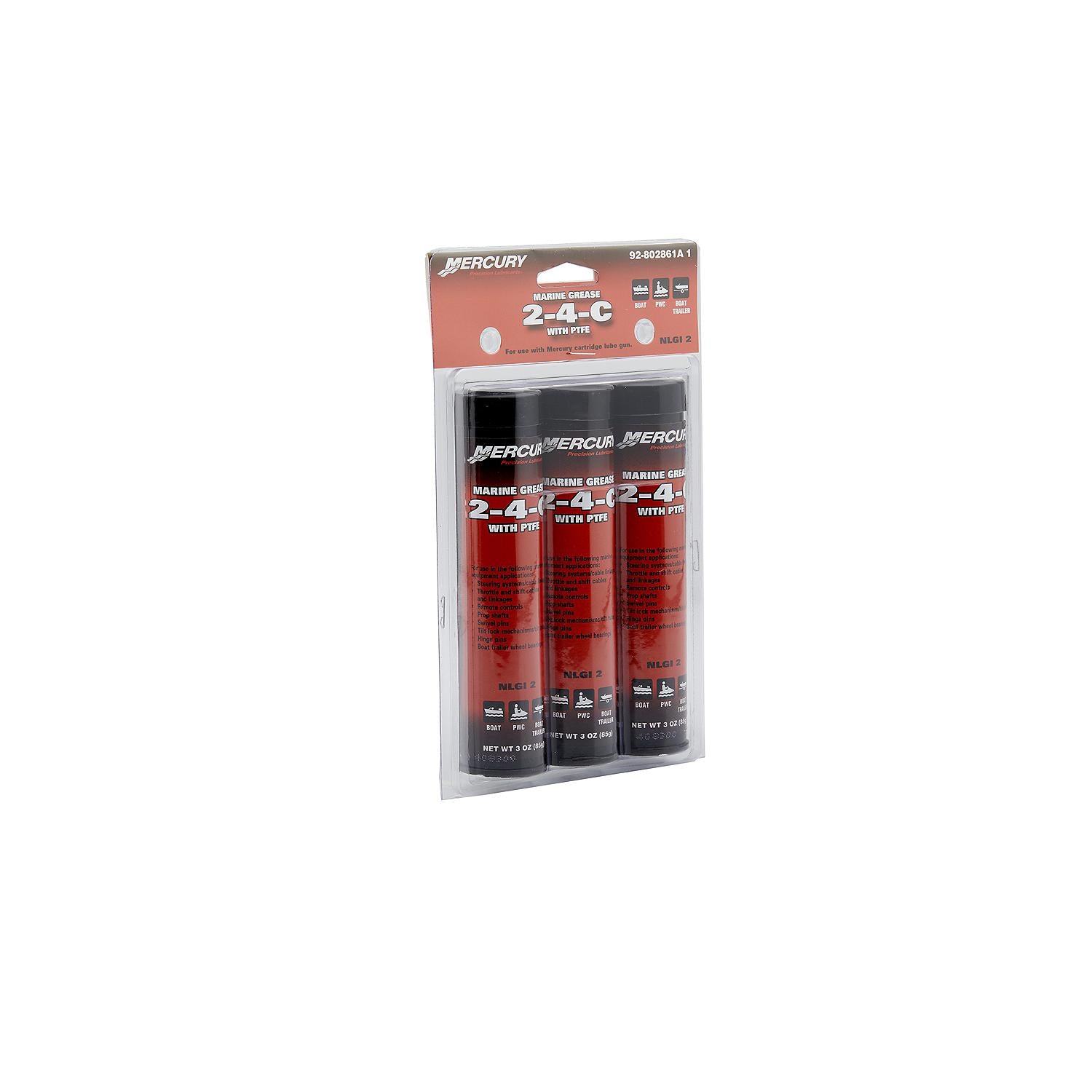 Mercury 802861A1 2-4-C marine grease with PTFE 3 oz cartridges pack of 3 Package Angle