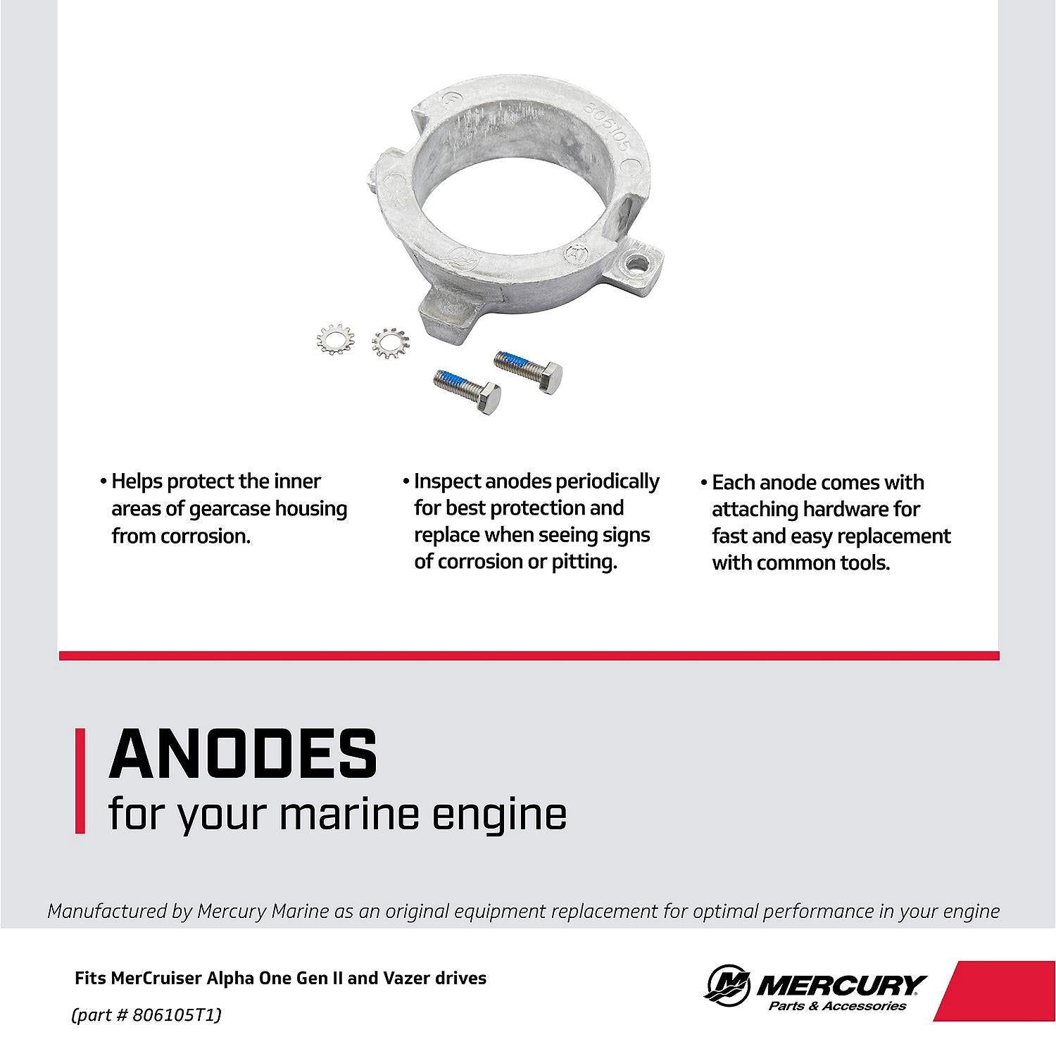 Mercury 806105T1 aluminum bearing carrier anode for MerCruiser Alpha One Gen II and Vazer drives Description