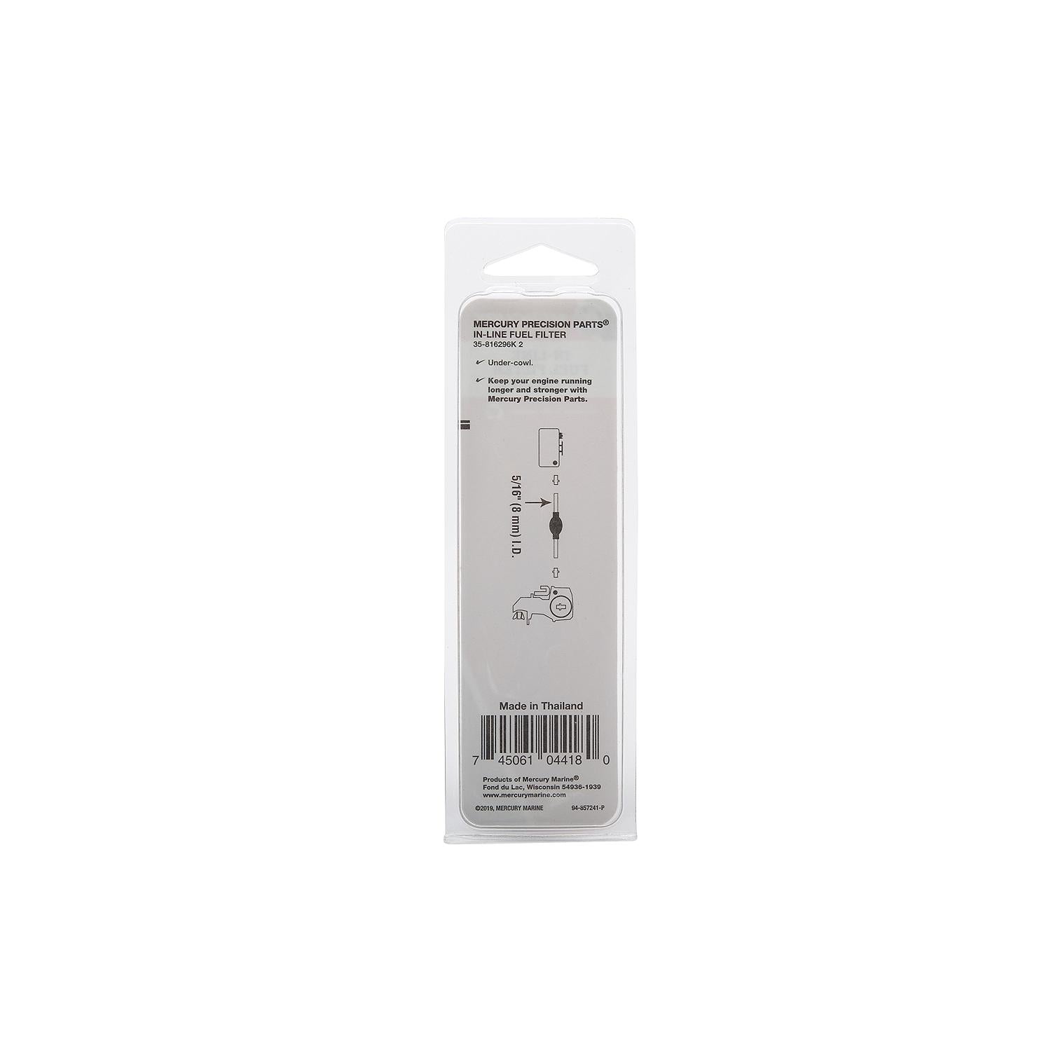 Mercury 816296K2 inline fuel filter for Mercury and Mariner outboards with 5/16-inch fuel line Box Back