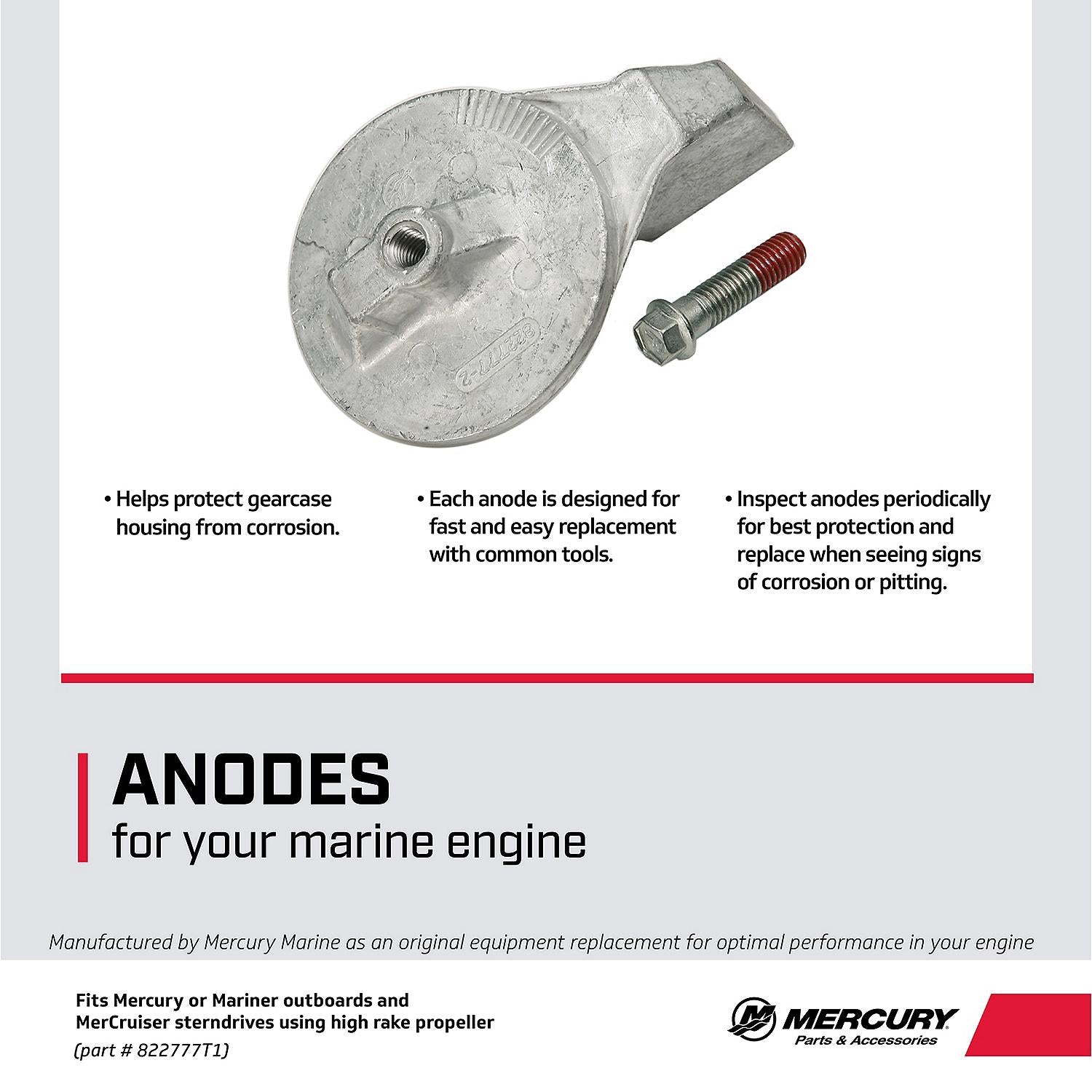 Mercury 822777T1 aluminum trim tab anode for Mercury Mariner 35 HP and above outboards Force 90 120 and MerCruiser sterndrives facts
