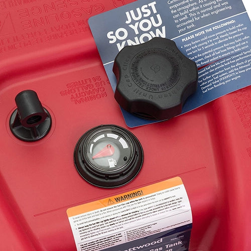 Attwood 8806LPG2 6 gallon EPA CARB portable marine fuel tank with built in fuel gauge Closeup