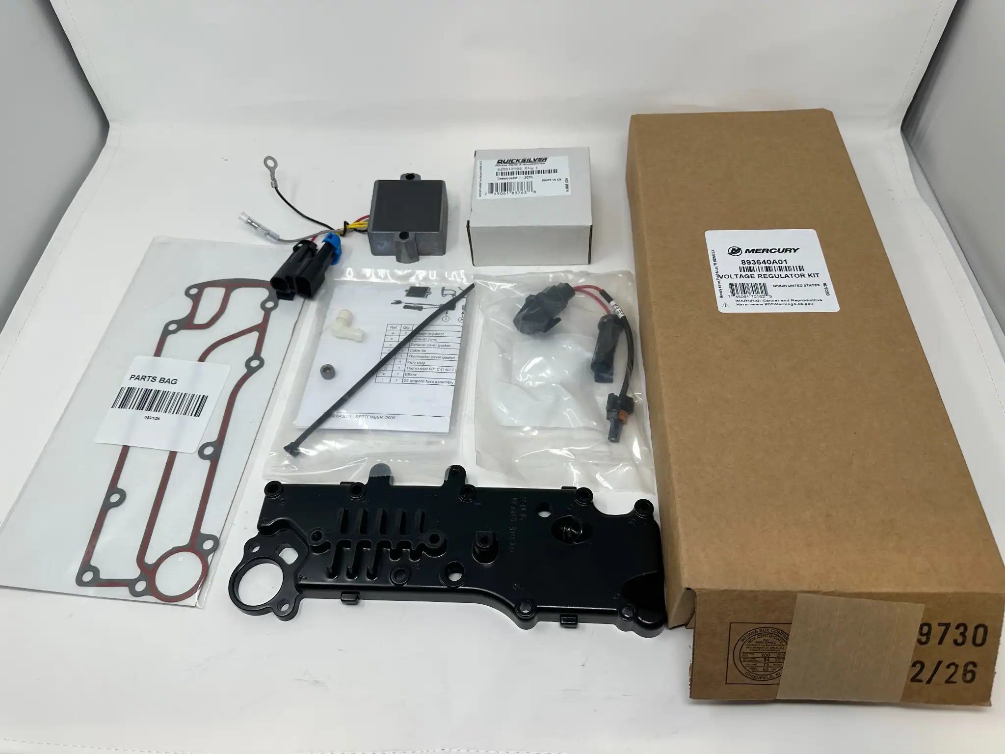 Mercury 893640A01 voltage regulator kit complete contents flat lay