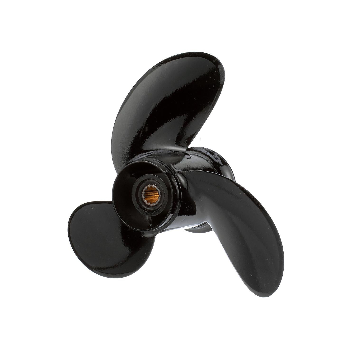 Mercury Black Max 3-blade aluminum propeller 8.9 x 7.5 right hand 12 tooth spline for 8-9.9hp FourStroke outboards 897614A10 Front Angle