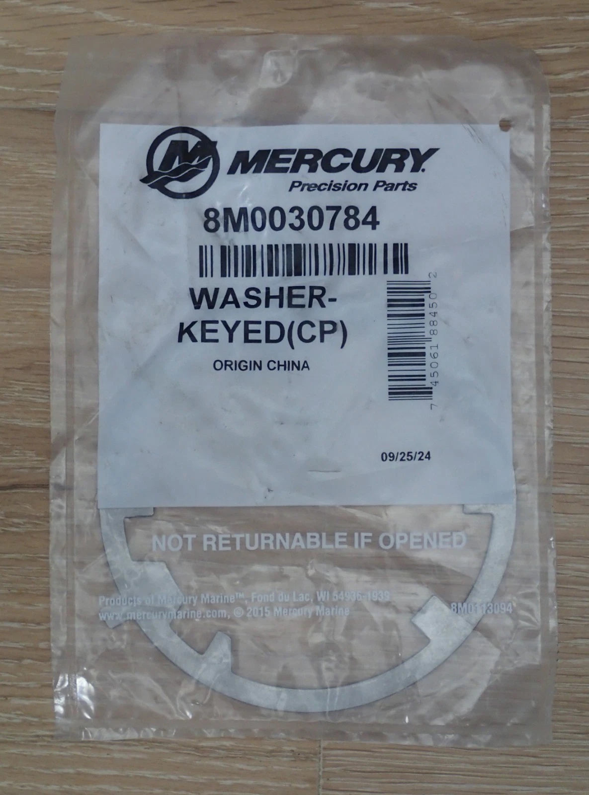 Mercury 8M0030784 keyed washer for 65-150HP 4-stroke outboard gear housing and driveshaft housing applications bag front