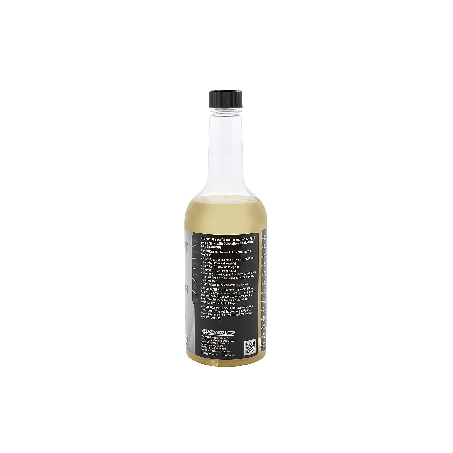 Quicksilver 8M0058682 Quickstor 32 oz fuel treatment and stabilizer for regular and ethanol-blended gasoline storage protection side 2