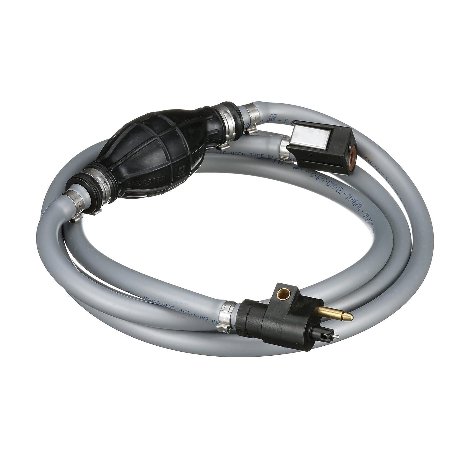 Mercury 8M0061894 8-foot gray fuel line assembly with inline primer bulb and quick disconnect connectors angle