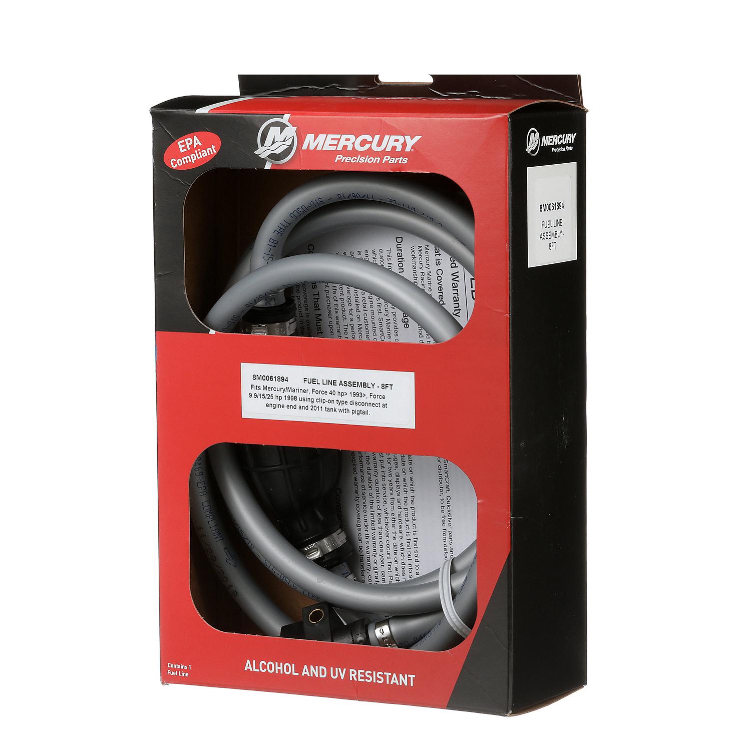 Mercury 8M0061894 8-foot gray fuel line assembly with inline primer bulb and quick disconnect connectors box
