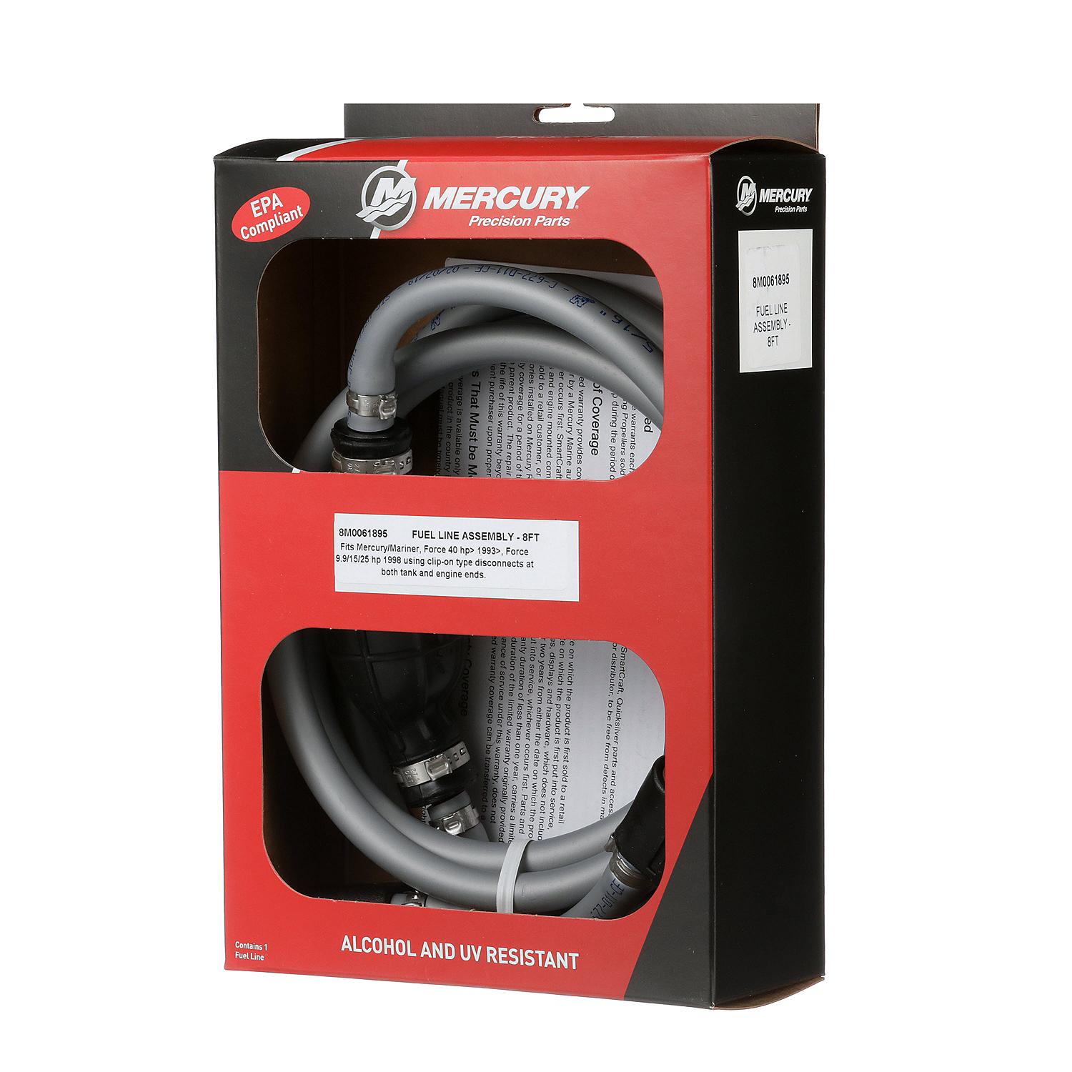 Mercury 8M0061895 fuel line assembly for select Mercury Mariner and Force outboards with clip-on disconnects at both ends Box