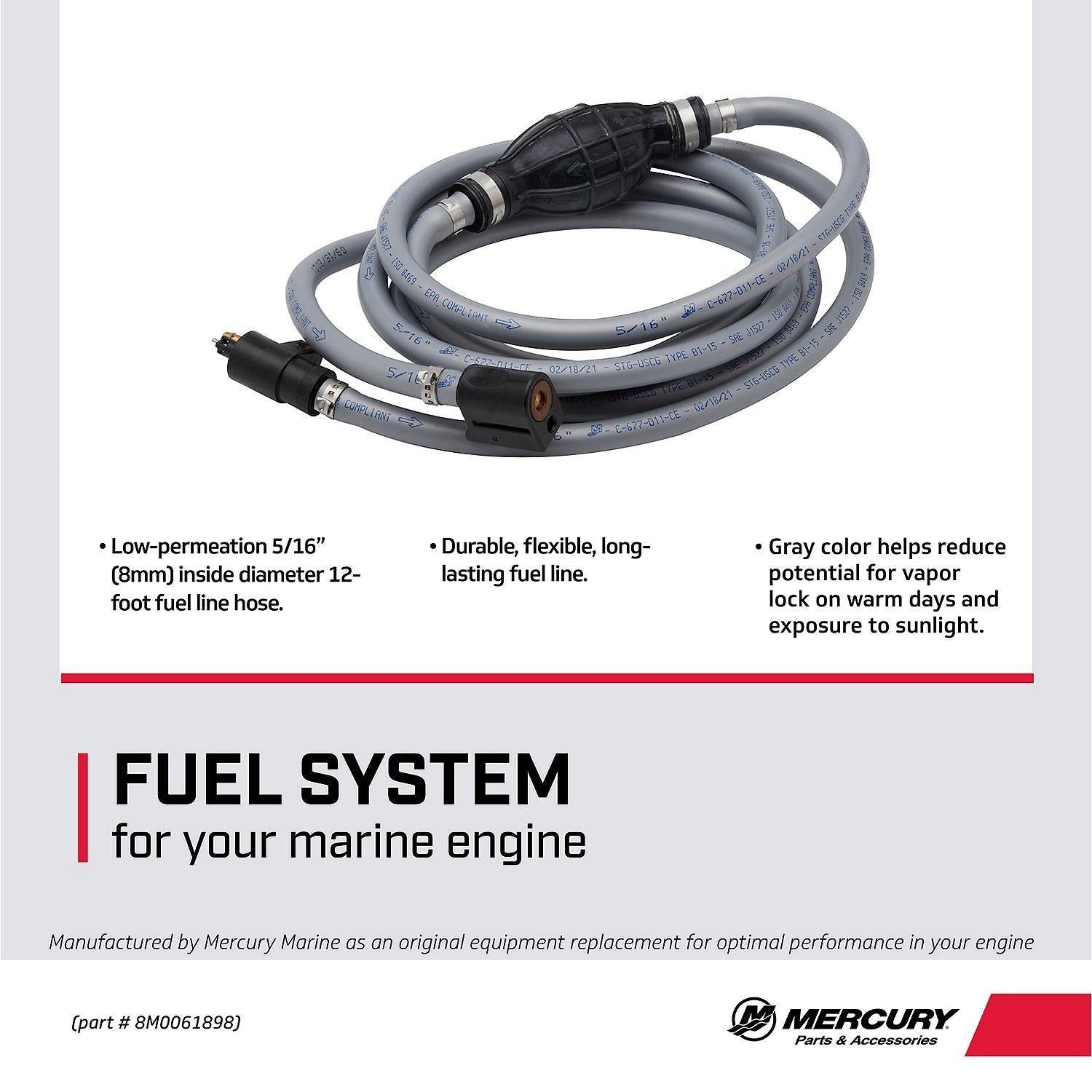 Mercury 8M0061898 12 foot fuel line assembly with primer bulb for 2011 pressurized 6.6 gallon fuel tanks facts