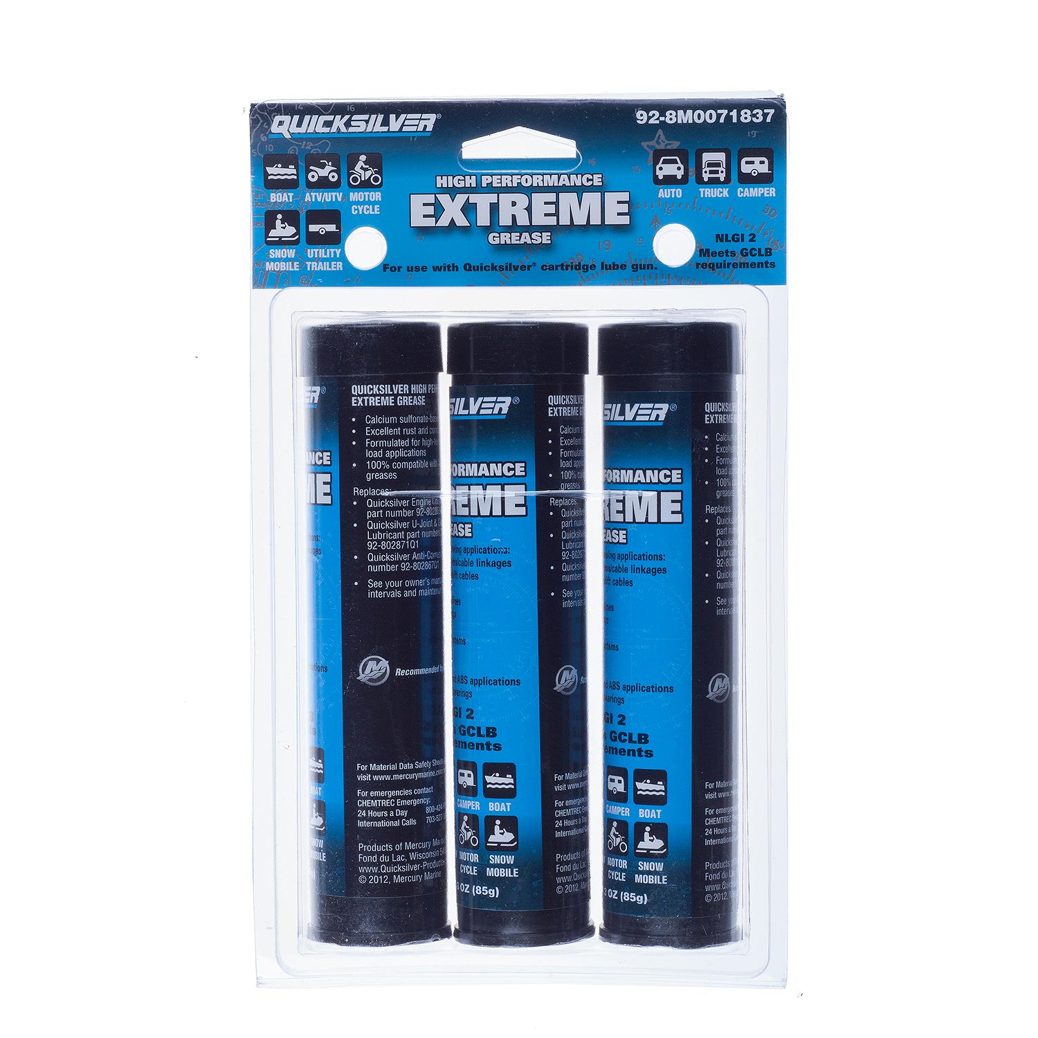 Quicksilver 8M0071837 High Performance Extreme Grease, three 3 oz cartridges in retail package