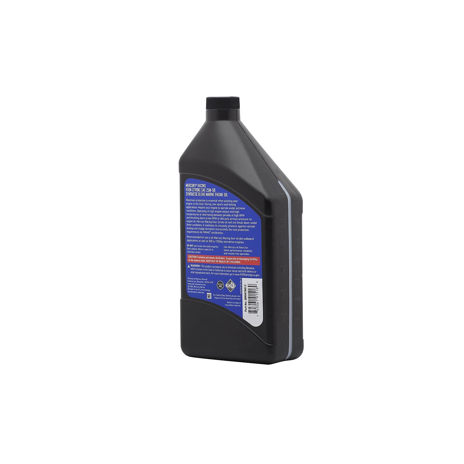 Mercury Racing 25W-50 4-stroke synthetic blend marine engine oil 1 quart 8M0078013 Back Angle