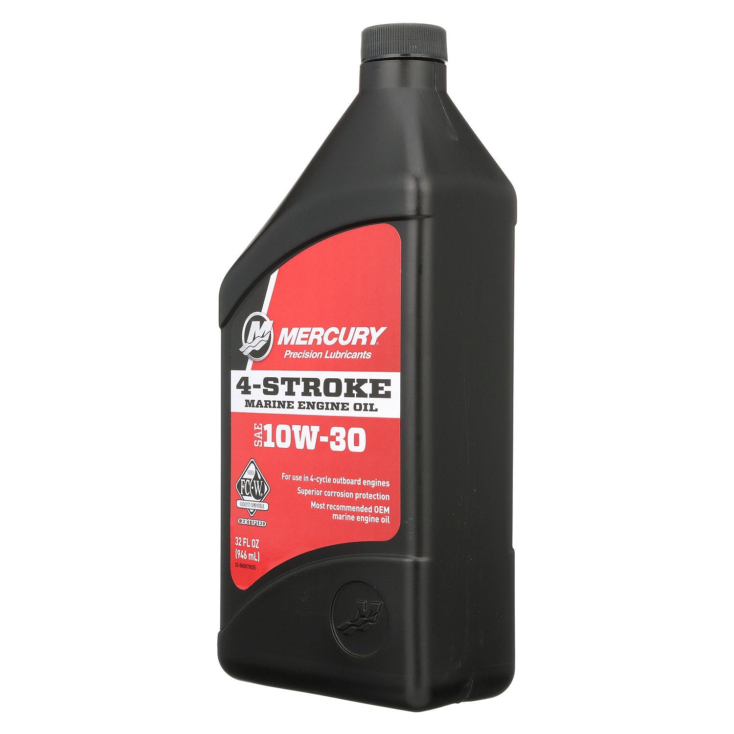 Mercury 10W-30 4-stroke mineral marine engine oil 1 quart for four-cycle outboard engines 8M0078625 Front Angle