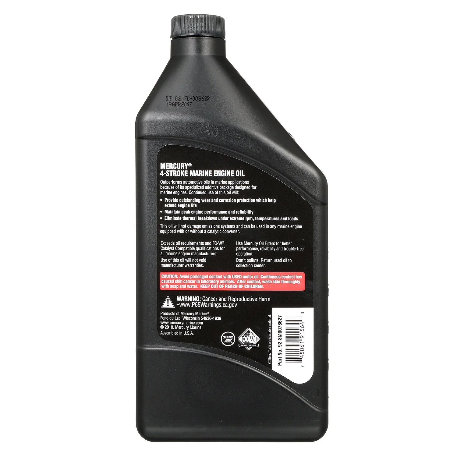 Mercury SAE 25W-40 4-Stroke Marine Engine Oil, 1-Quart Bottle (8M0078627) Back