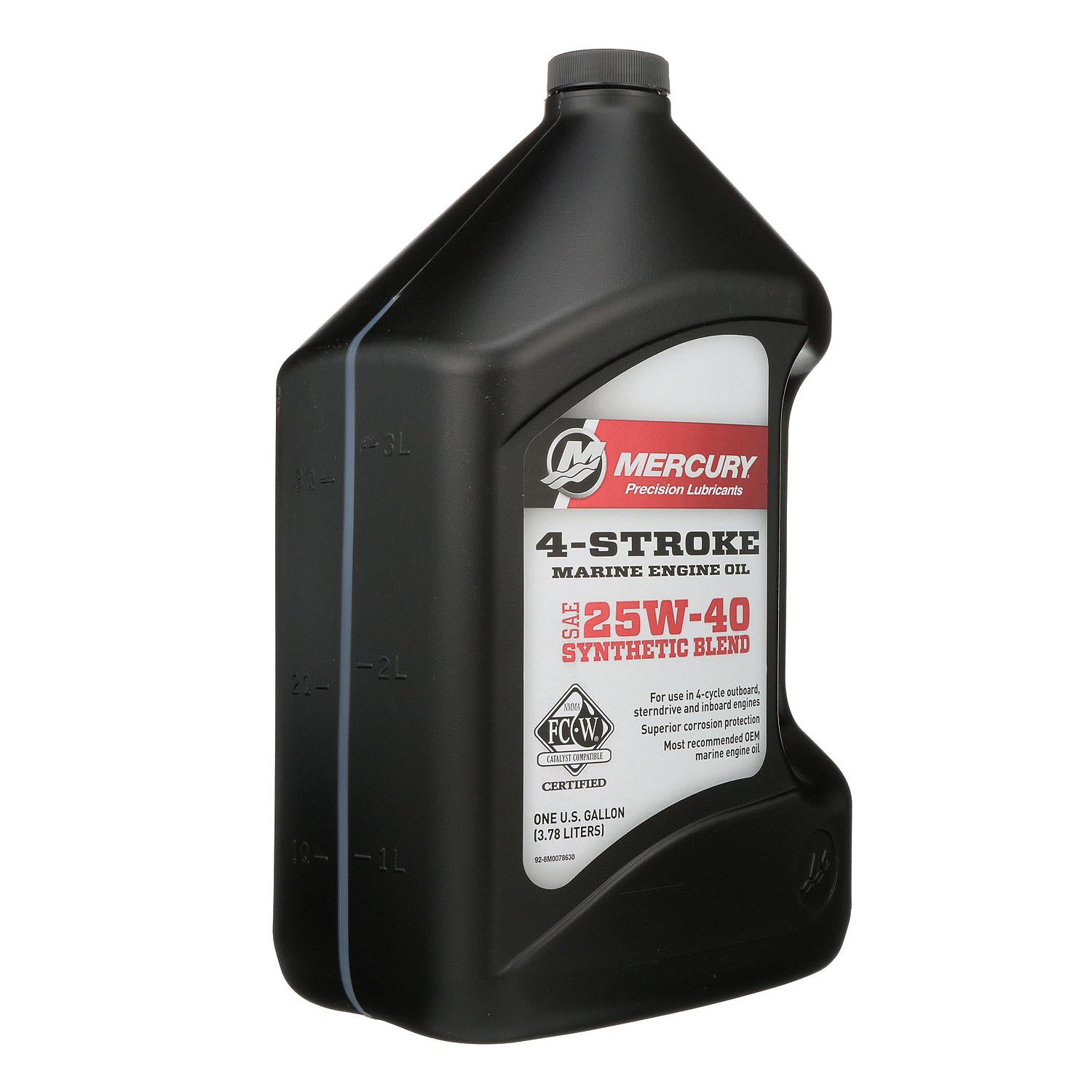 Mercury 25W-40 4-stroke synthetic blend marine engine oil 1 gallon for outboard sterndrive and inboard engines 8M0078630 Front Angle 2