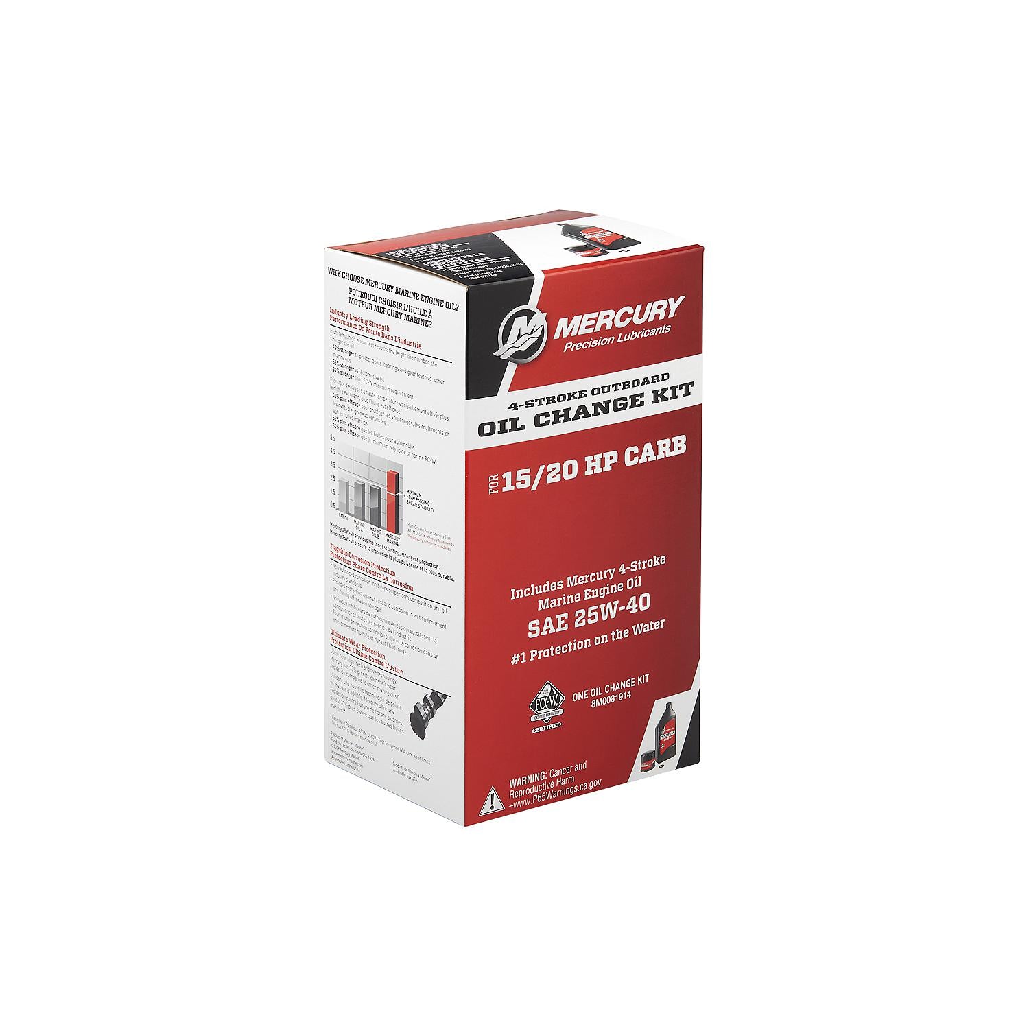 Mercury 25W-40 oil change kit for 15 and 20hp carbureted FourStroke outboards 8M0081914 Box