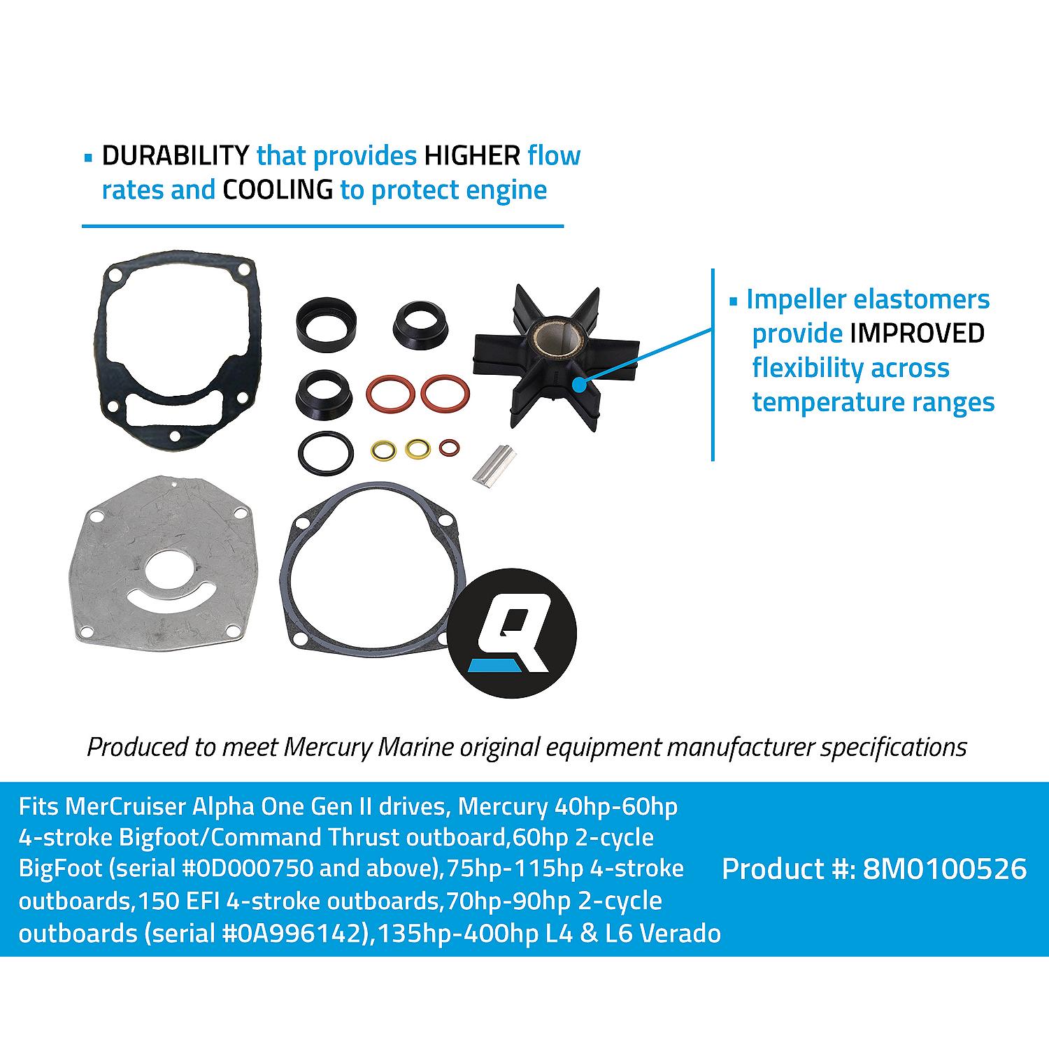 Quicksilver 8M0100526 15-piece water pump repair kit including impeller, gaskets, and plate for Mercury outboards and Alpha One Gen II drives Facts