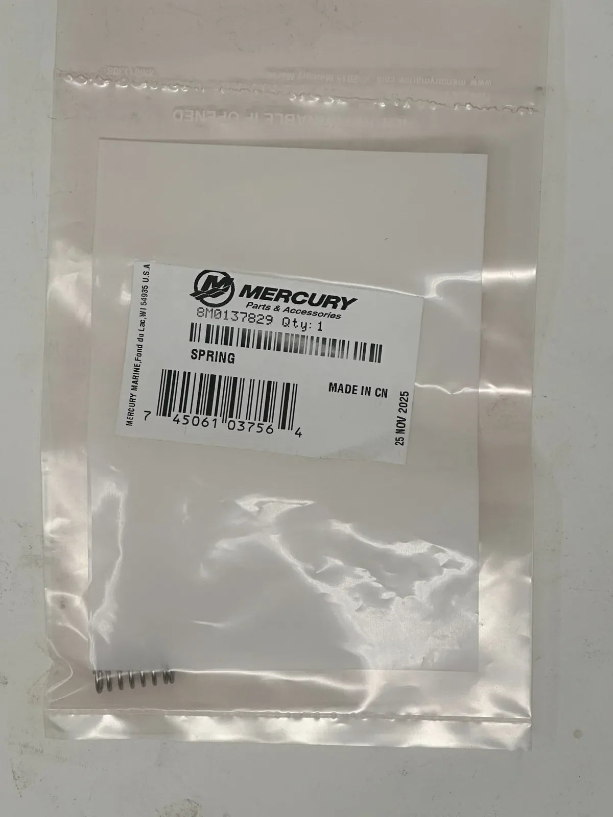 Mercury 8M0137829 spring package label front view
