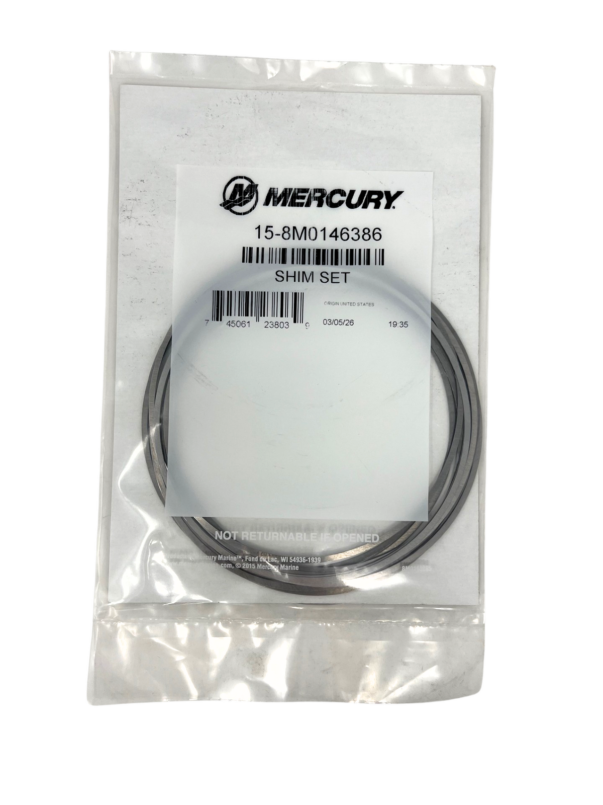 Mercury 8M0146386 Gearcase Shim Set 200-300 HP rings with packaging 