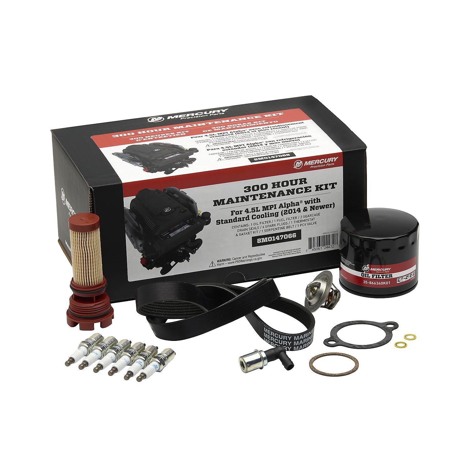 Mercury 8M0147066 300 Hour Maintenance Kit for MerCruiser 4.5L MPI Alpha engines featuring oil filter, spark plugs, serpentine belt, and thermostat.