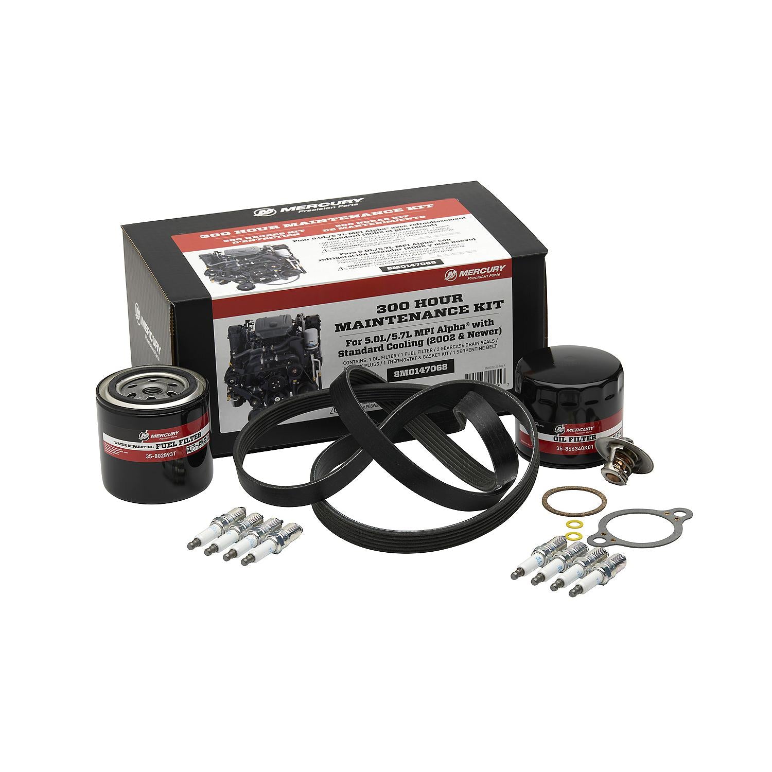 Mercury 8M0147068 300-hour maintenance kit for MerCruiser 5.0L and 5.7L MPI Alpha engines including filters, spark plugs, and belt.